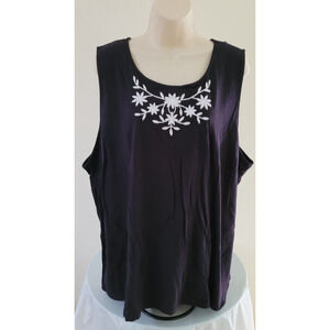 LANDS END Women's Black, Sleeveless, White Floral Embroidered Tank Top -- Sz 3X